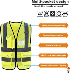 aokway High Reflective Multi-Pocket Overalls High Visibility Zipper Front Safety Vest With Reflective Strips