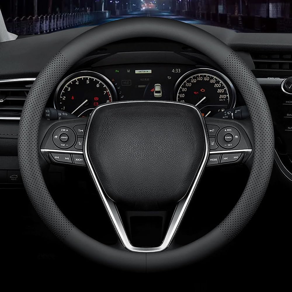 aokway  Leather Steering Wheel Cover Nappa Leather Solid Black Car Steering Wheel Cover for Truck Van SUV Auto