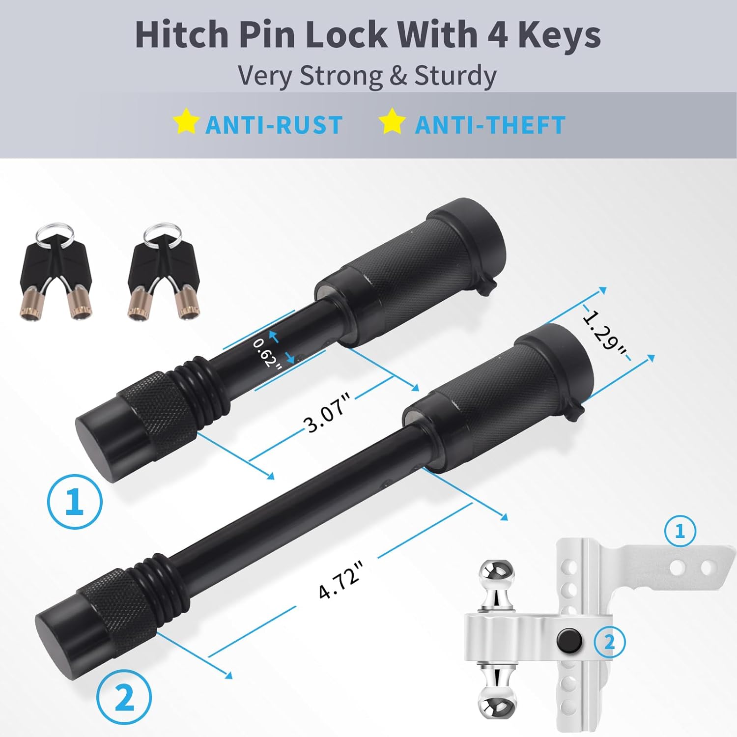 aokway Adjustable Trailer Hitches Heavy Duty Aluminum Weatherproof Double Anti-Theft Locking Hitch Pin