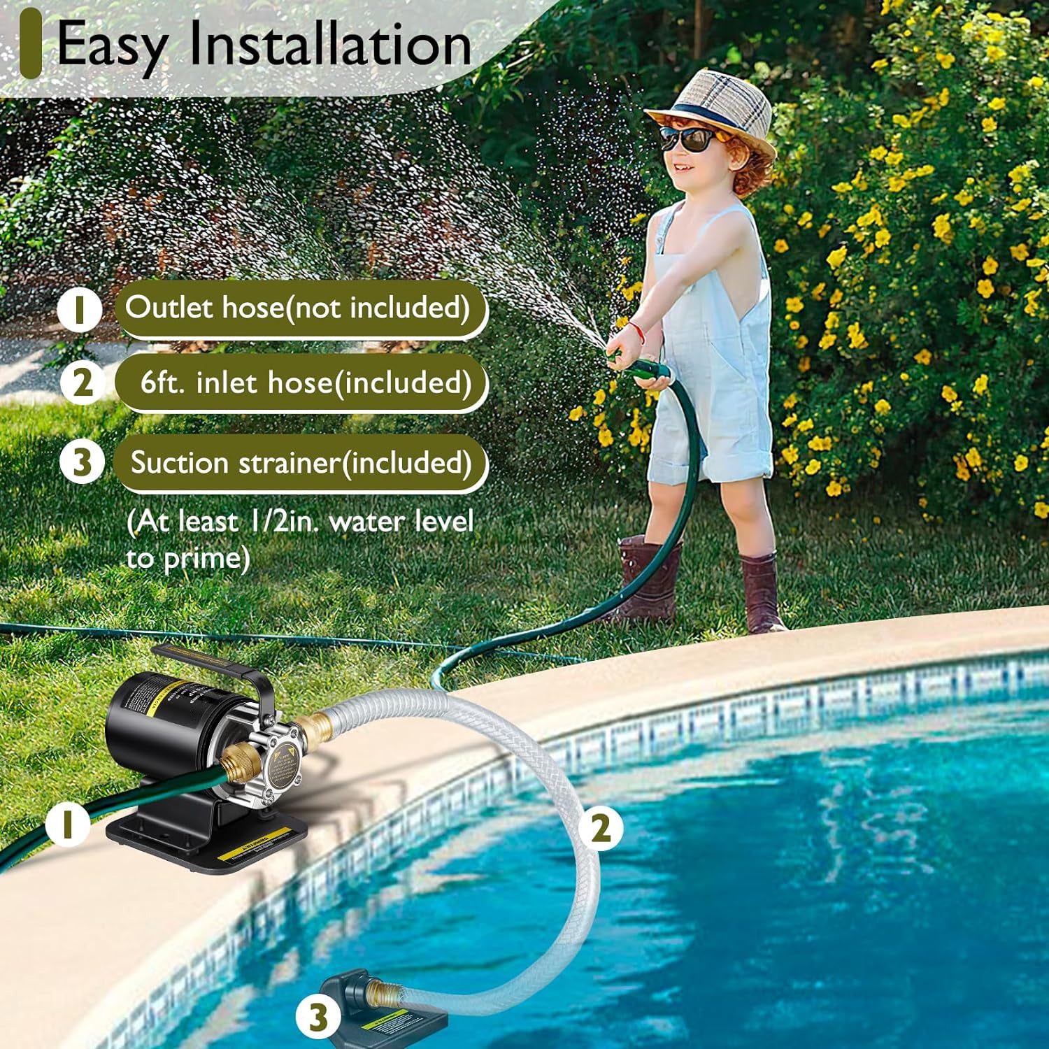 aokway Portable Electric Utility Water Transfer Pump 115V 1/10 HP with Suction Hose Kit, Portable Small Water Pump For Pool Draining, Removing Water From Rain Barrel, Aquariums, etc.