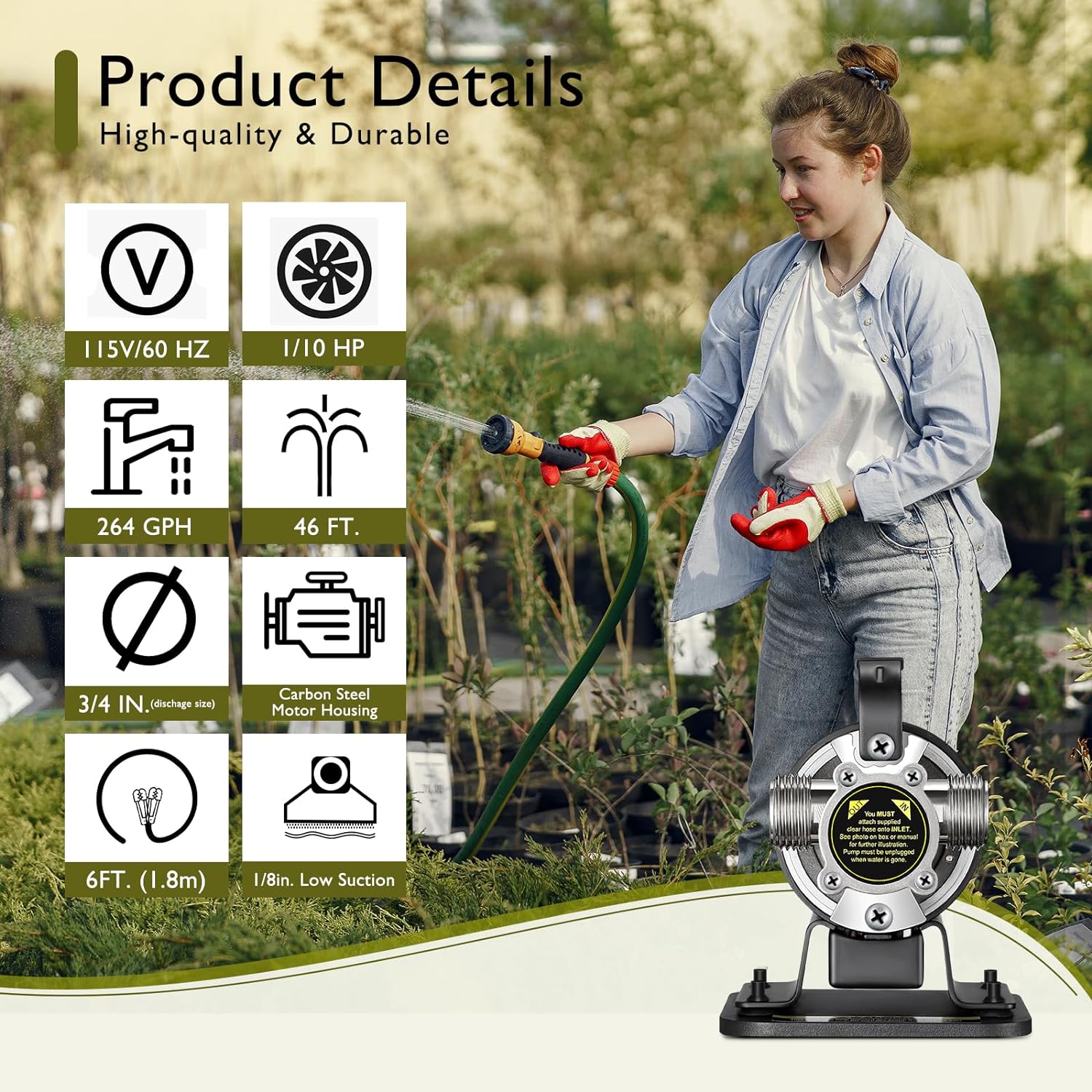 aokway Portable Electric Utility Water Transfer Pump 115V 1/10 HP with Suction Hose Kit, Portable Small Water Pump For Pool Draining, Removing Water From Rain Barrel, Aquariums, etc.