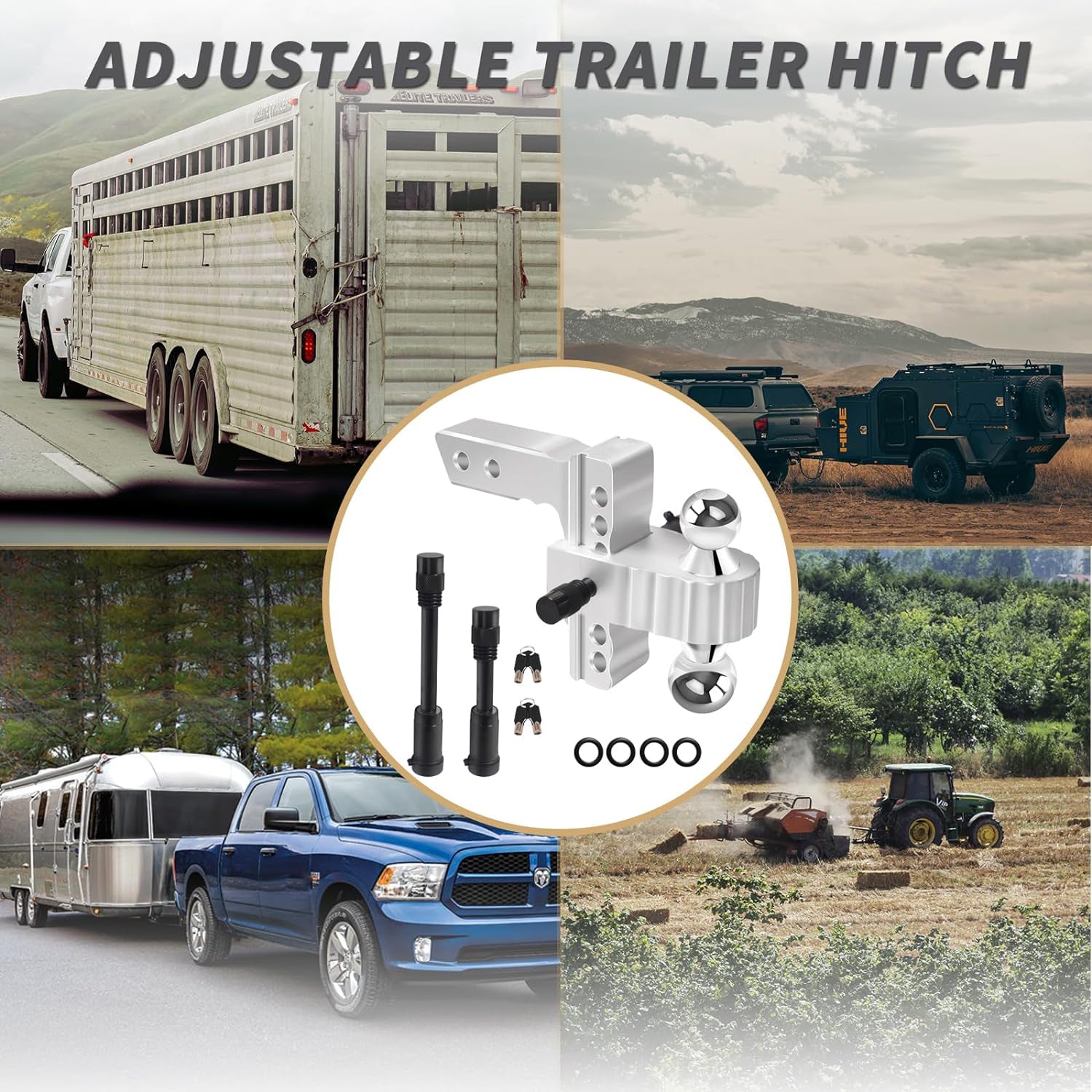 aokway Adjustable Trailer Hitches Heavy Duty Aluminum Weatherproof Double Anti-Theft Locking Hitch Pin